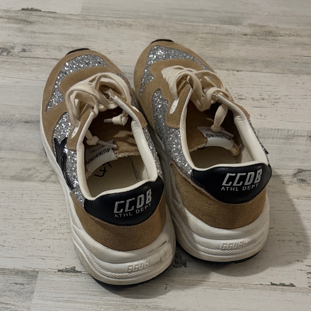 Golden Goose Tan and Silver Glitter Sneakers - Picture 2 of 16
